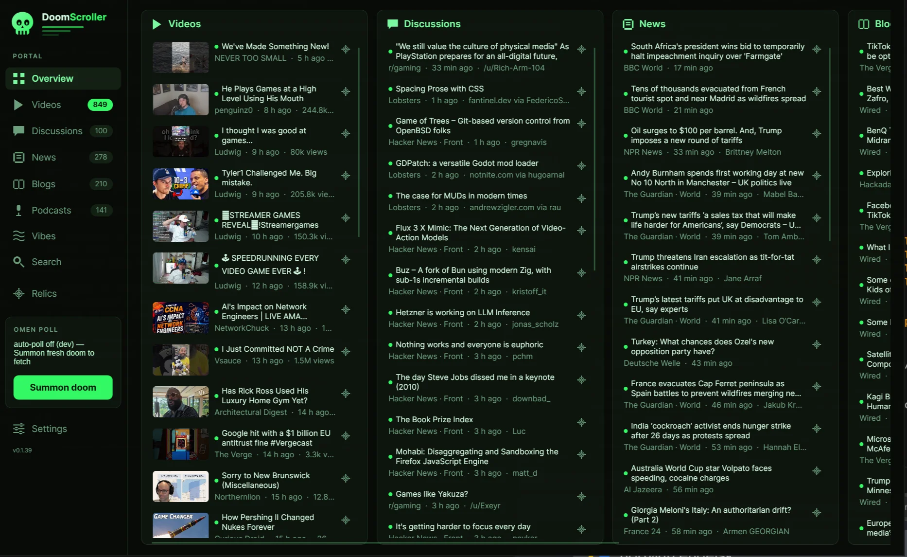 DoomScroller overview showing videos, discussions, news and blogs side by side