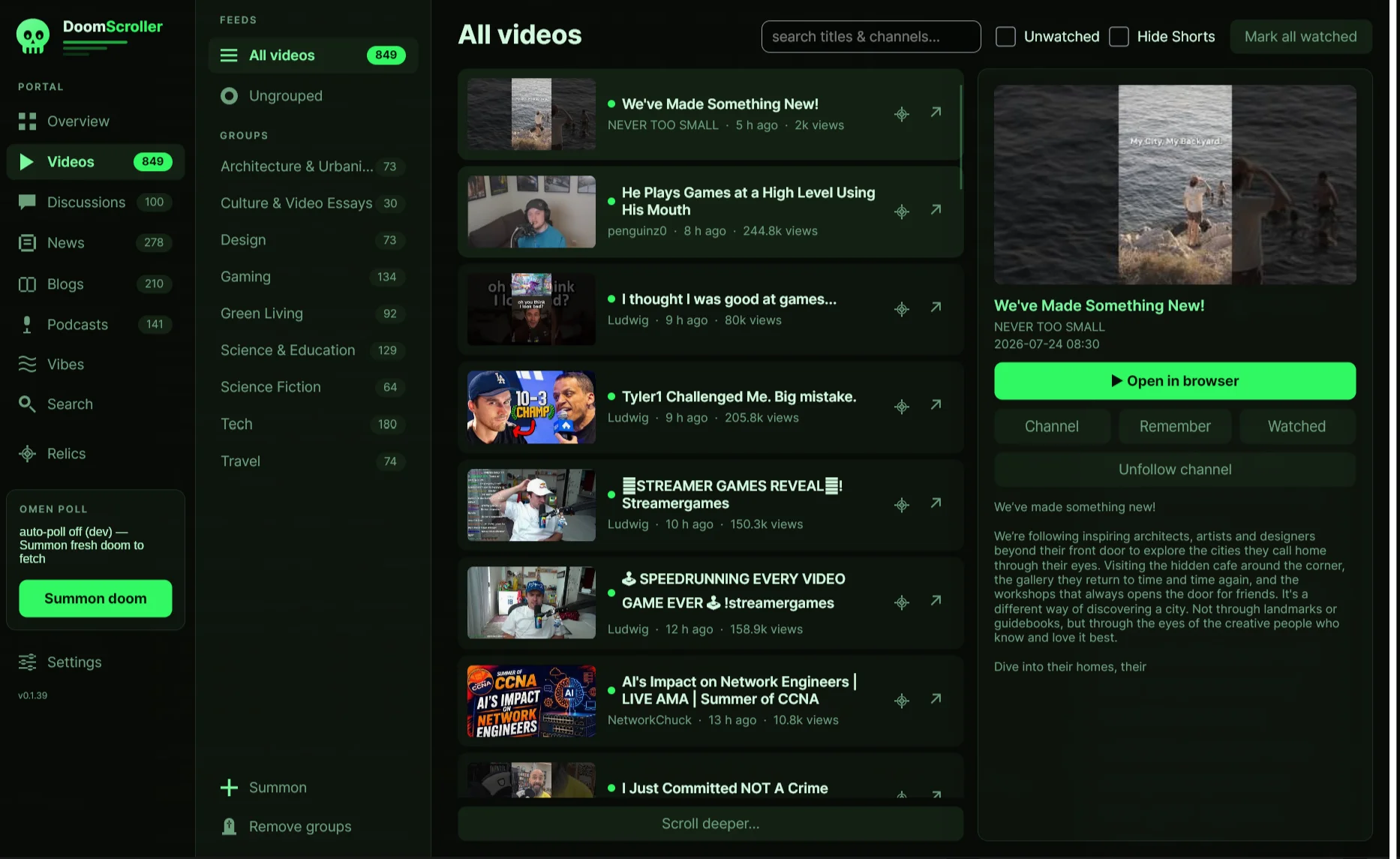 The Videos section with subscriptions sorted into custom groups and a selected video